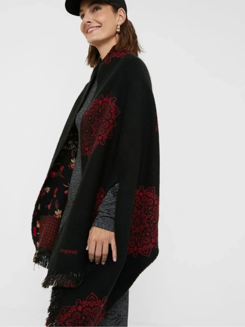 Desigual Colorful Floral Reversible Square Poncho